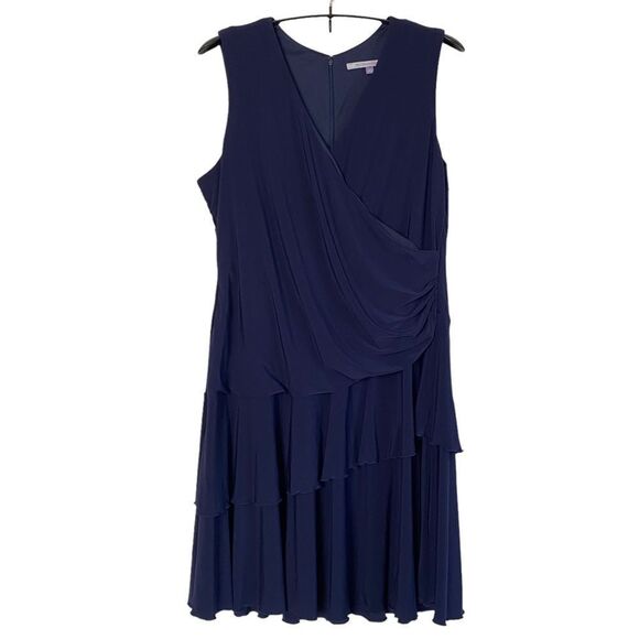 Luxe by Carmen Marc Volvo Drape Front Sleeveless Tiered Navy Midi Dress Sz 22 - Picture 3 of 9